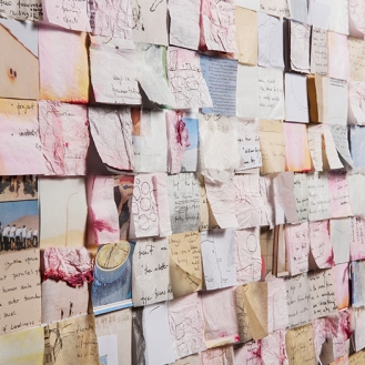 Dierdre Pearce, sampler, 2014 (detail). Torn pages from visual diaries, foam core, pins. Photograph David Paterson. Dierdre Pearce, sampler, 2014 (detail). Photograph David Paterson.